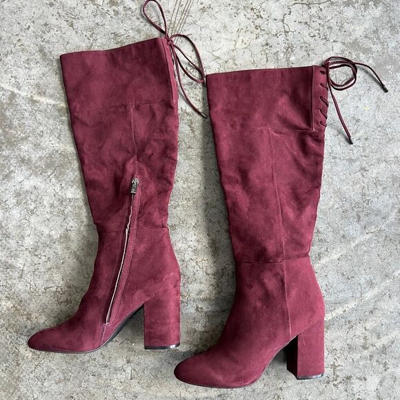 Kenneth Cole Reaction Burgundy Suede Tall Lace-Up Boots - Picture 3 of 14